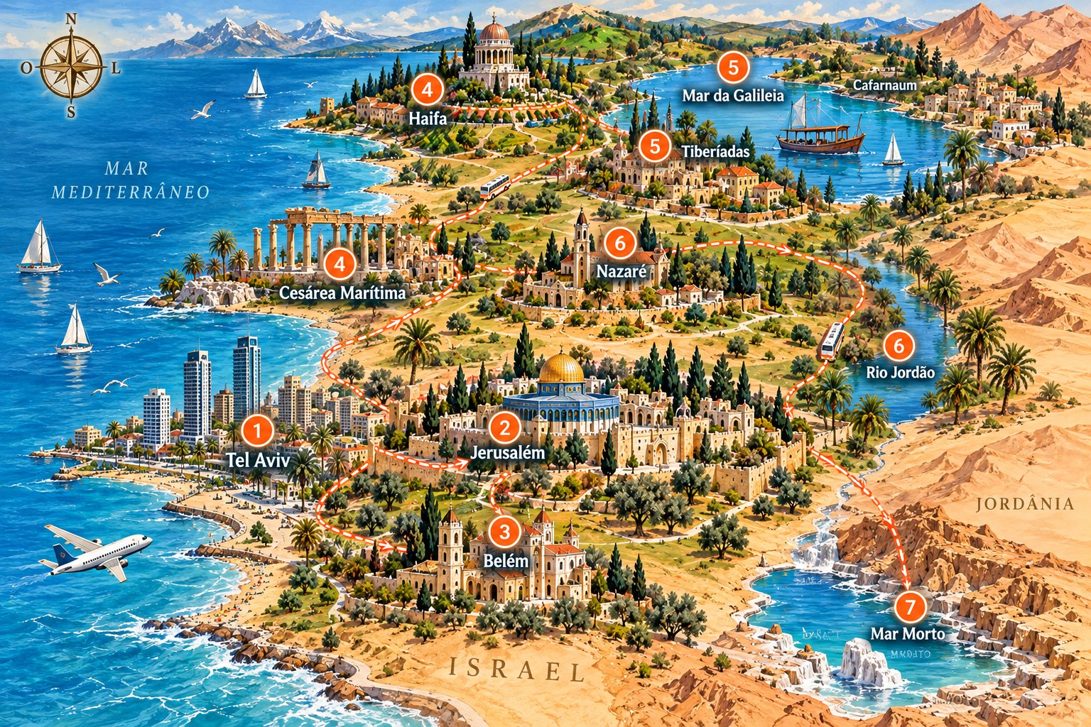 Mapa ilustrado do roteiro evangélico em Israel